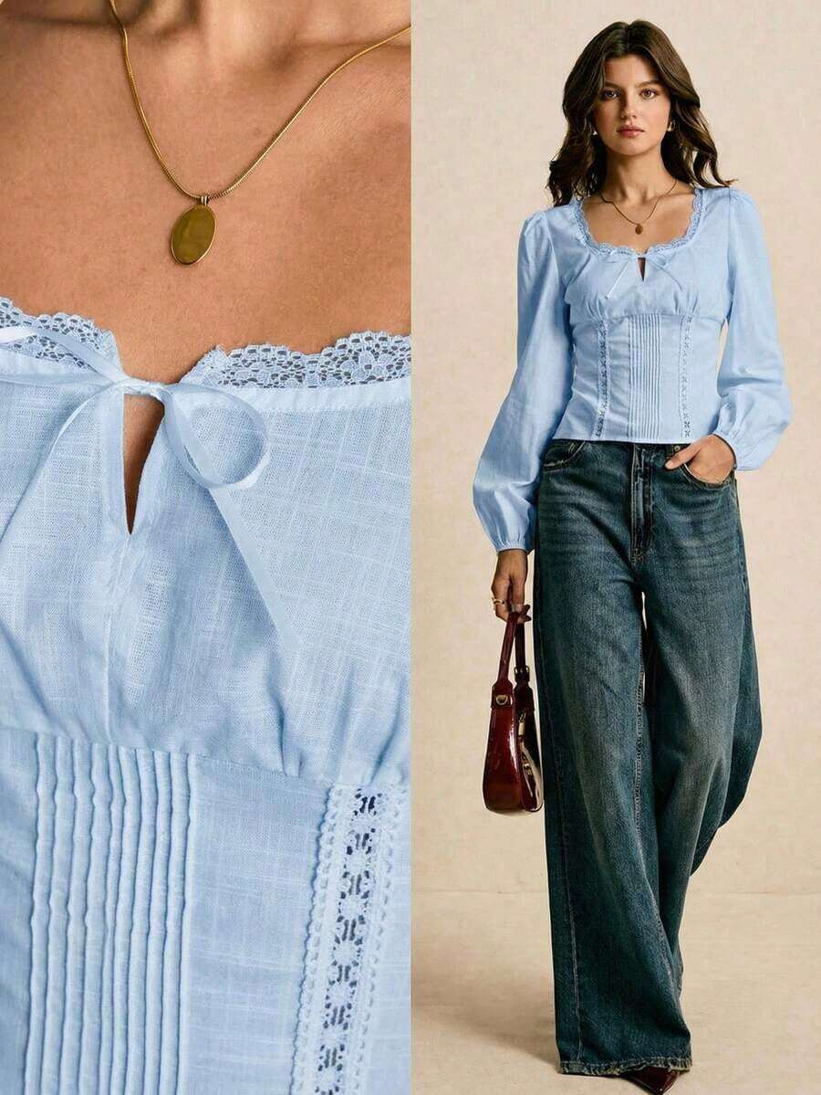 Blusa elegante con diseño plisado, decoración de lazo y encaje de contraste para mujer - Celeste - Ver 1