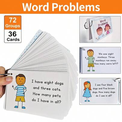 Math Word Problems Flash Cards For Kids | Addition & Subtraction Story Problem Cards, Early Elementary Math Flashcards With Ring, Educational Math Learning Cards For Preschool Kindergarten