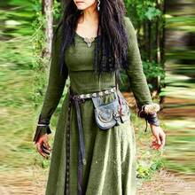 Medieval Retro Dress With Round Neckline, Long Sleeves, And A Slim Fit, Artistic Cotton-Linen Long Cosplay Dress For Women - Green - View 11