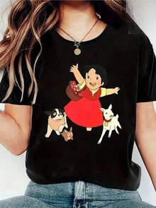 Fun T-Shirt With A Cartoon Character Print For Women Who Enjoy Casual And Relaxed Moments. Exclusive Design With A Vibrant And Inviting Look. Perfect For Casual Outings, Get-Togethers With Friends, Or Days Off. Available In Sizes S, M, L, And 's Fashion, 2023, For Young People And Lovers Of Original Looks. - 黑色 - 查看 4