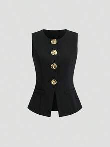 delgado sin mangas para mujer con botones metálicos grandes de estilo minimalista francés - Negro - Ver 5