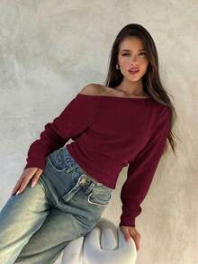 Top de manga larga asimétrico de hombro de punto de color albaricoque para mujer, otoño/invierno - Rojo violeta - Ver 7
