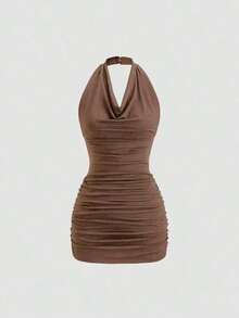 Vestido mini ajustado y sexy sin mangas con cuello drapeado y espalda descubierta con lazo - Marrón - Ver 6