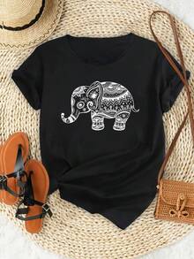 Loose-Fitting Short-Sleeved T-Shirt With A Cute Elephant Print, Versatile And Casual. Adorable Animal Print, Fun Letter Print. Pairs Well With Streetwear. Perfect For Summer Outdoor Activities Or Everyday Wear. Ideal For Sweet Girls Or Students. Cool And Breathable Summer Clothing. - 黑色 - 查看 7