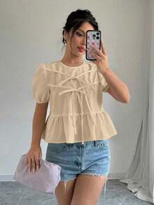 Blusa con volantes y mangas abullonadas con lazo en la parte delantera - Caqui - Ver 5