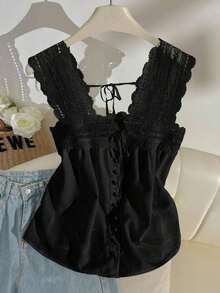 Blusa sin mangas de verano para mujer, de unicolor con parches de encaje - Negro - Ver 6