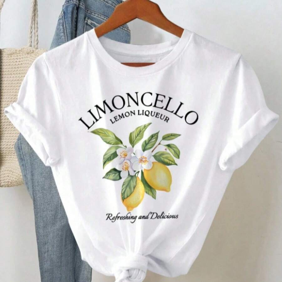 Camiseta casual de mujer para el verano con cuello redondo, manga corta y estampado de letra, fruta y leyenda "LIMONCELLO LICORÉ DE LIMÓN" que es refrescante y delicioso - Blanco - Ver 1