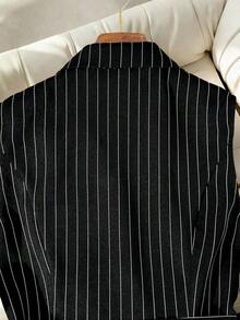 Chaleco de mujer con estampado de rayas, cuello pico, hebilla y cinturón, para uso casual u oficina - Blanco y Negro - Ver 4