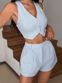 Conjunto de chaleco sin mangas y pantalones cortos a rayas azul y blanco, apto para primavera/verano y otoño/invierno - Azul y blanco - Ver 6