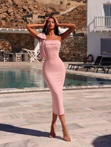 Vestido de cóctel, fiesta, boda y primavera con hombros descubiertos, unicolor, decoración de lazo, espalda con abertura y largo midi - Rosa - Ver 3