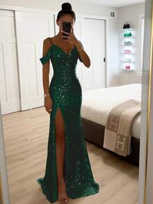 Vestido sin tirantes con lentejuelas corte abierto estilo casual para primavera y otoño - Verde Oscuro - Ver 1