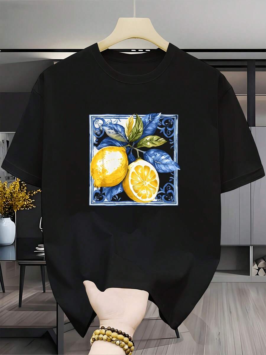 VintageMen's Fashionable Round Neck T-Shirt With Blue Tile Frame Watercolor Lemon Pattern, Countryside Healing Style, Essential Foraily Commutingsummer Tops - Black - View 1