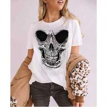 Camisa de calavera para mujer, camisetas gráficas de esqueleto vintage, camisetas góticas punk rock, camisetas novedosas de terror para Halloween, camisetas - Blanco - Ver 5