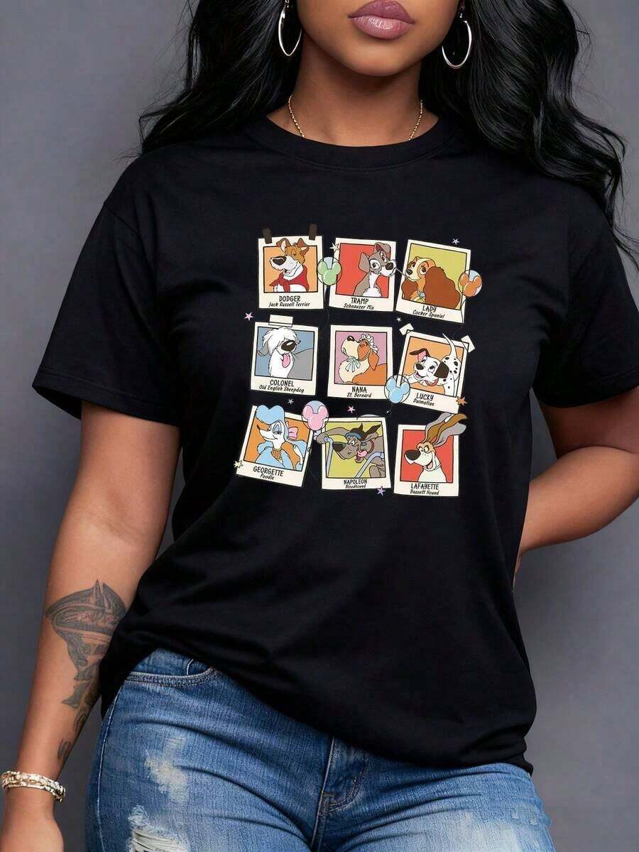 Colorful Portraits Of Several Happy Dogs In Frame-Like Pictures That Symbolize Friendship And Joy, Promoting Love For Animals. Casual Women's T-Shirt With A Comfortable And Modern Cut, Casual Short Sleeves. - 黑色 - 查看 1
