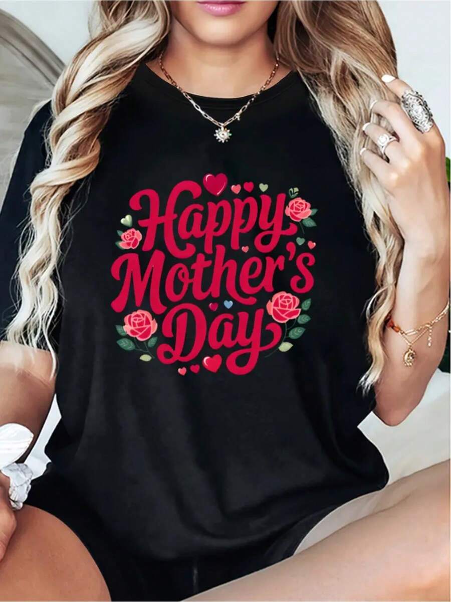 Camiseta Ho para el Día de la Madre | Estampado Floral de Rosas y Corazones 'Feliz Día de la Madre', Cuello Redondo Transpirable, Tejido de Secado Rápido sin Arrugas, Negra con Letras Rojas, uste Casual Cómodo, Regalo para la Mamá en el Día de la Madre