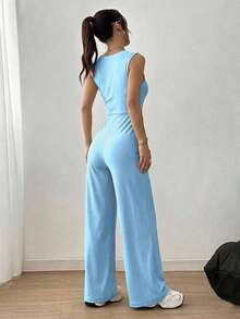 Pantalones de peto de unicolor de estilo minimalista casual para uso diario - Celeste - Ver 2