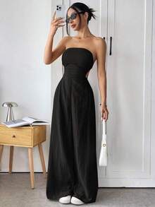 Mono de pierna ancha informal de mujer de talla grande, de algodón, con tirantes finos y espalda descubierta, para verano - Negro - Ver 9