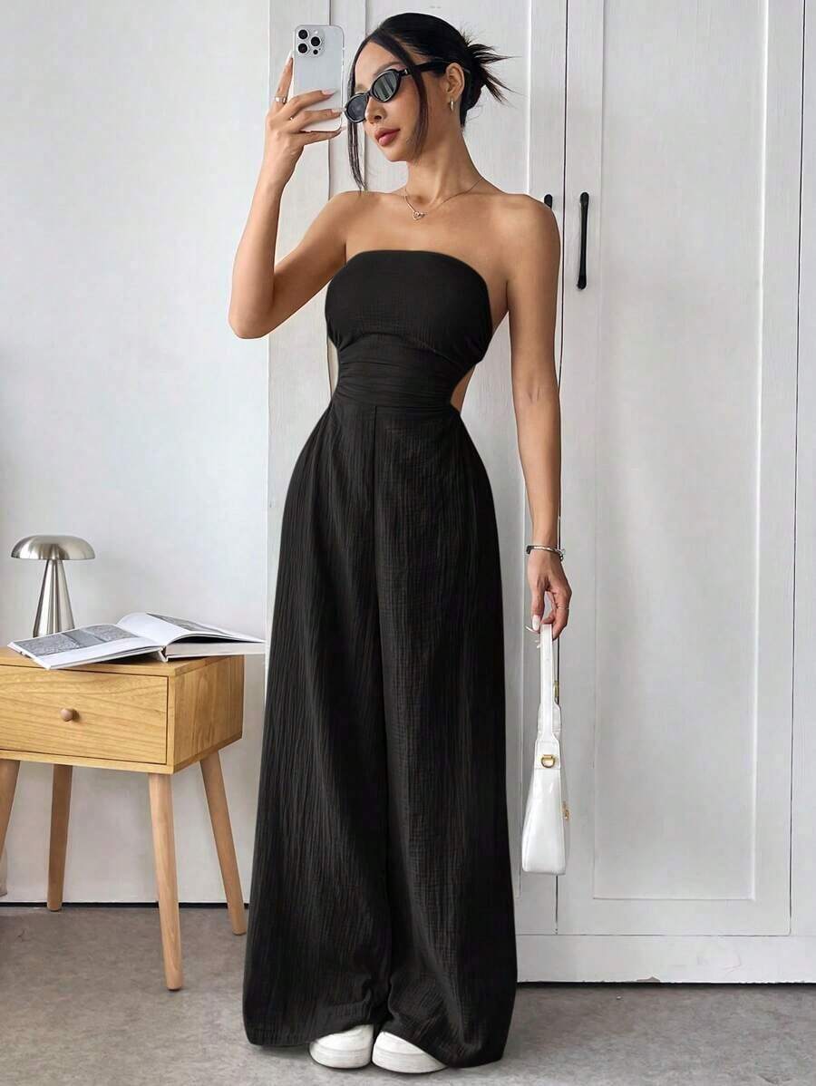 Mono de pierna ancha con top tubo sin espalda y cordones, de unicolor y para el verano - Negro - Ver 1