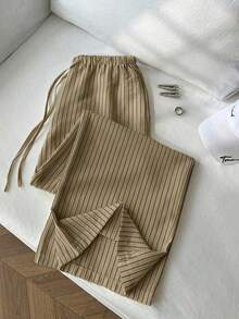1 pieza Pantalones casuales de mujer a rayas amarillas, tela de burbujas arrugada, cintura súper baja con cordón, pantalones rectos de ajuste relajado, casual y romántico - Caqui - Ver 5