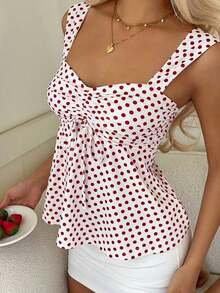 Nueva Colección Primavera/Verano 2026 para Mujer: Blusa/Top sin Mangas con Volantes y Cordón Ajustable, Estampado de Lunares Amarillo Buttercup y Marrón, Estilo Casual y Versátil, Top de Verano - Rojo y Blanco 2 - Ver 3