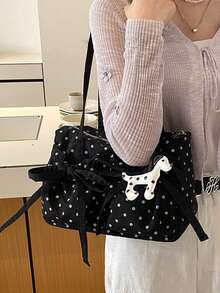 1个休闲风格女士单肩包，大容量多口袋设计，波点面料，不含挂件，适合日常使用。学院风包包，适合女学生、年轻女性——外出、购物、上课、约会、女士礼物、办公、工作、旅行 - 黑色 - 查看 4