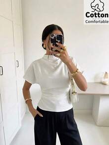 Blusa de bambú y lino con cuello arrugado, mangas asimétricas, plisado lateral y cintura ceñida, para uso diario, color albaricoque, para todas las estaciones - Blanco - Ver 1