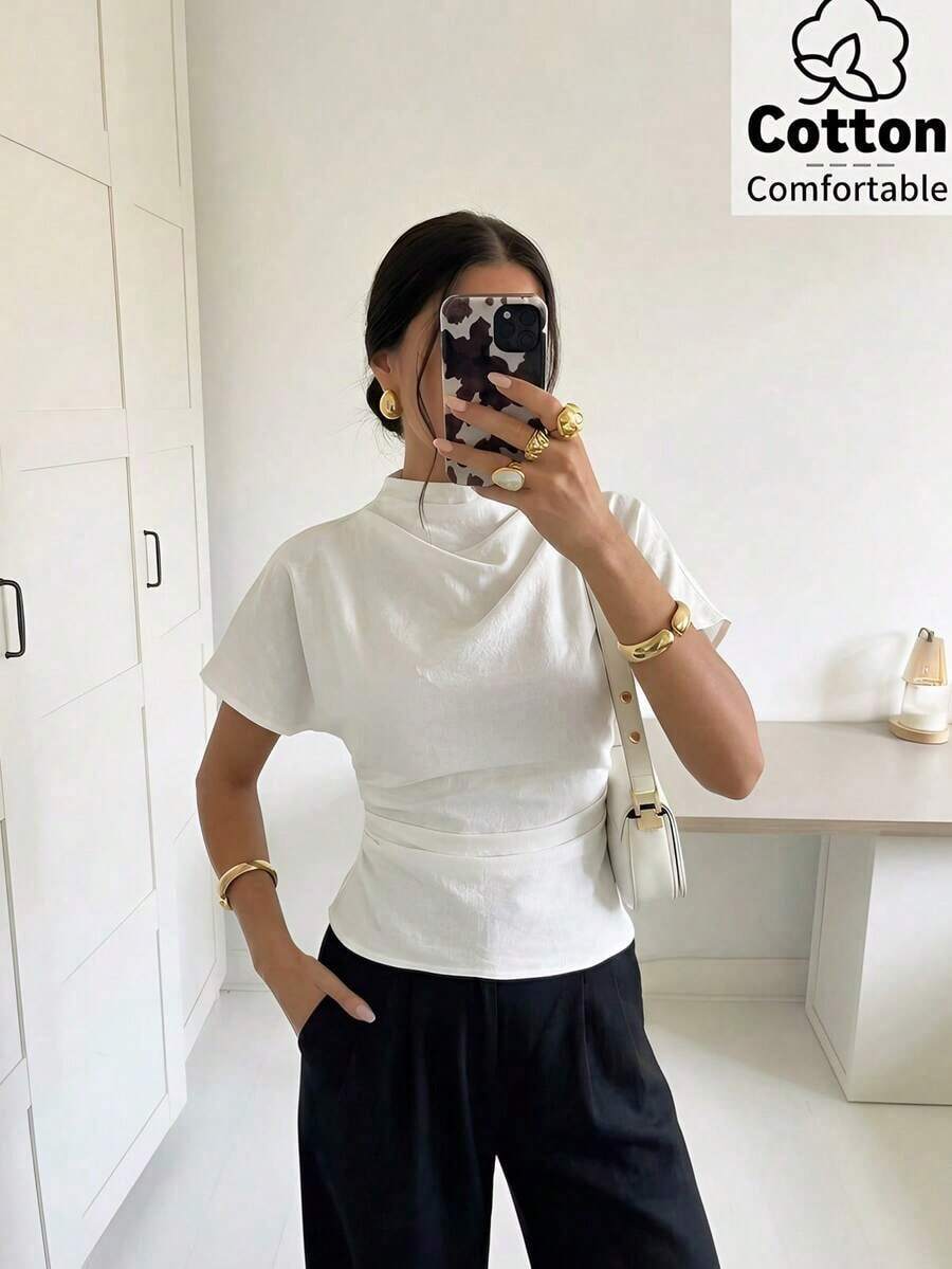 Blusa de bambú y lino con cuello arrugado, mangas asimétricas, plisado lateral y cintura ceñida, para uso diario, color albaricoque, para todas las estaciones - Blanco - Ver 1