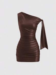 Nuevo vestido mini de verano de ajuste ceñido con cuello asimétrico, cintura fruncida y detalles de volantes laterales, en tela elástica con revestimiento de color vino tinto, adecuado para club, fiesta, cóctel y uso diario - Café integral - Ver 3