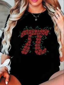Camiseta casual de manga corta con cuello redondo para mujer de talla grande - transpirable, con estampado geométrico de cerezas y hojas, ligeramente elástica, lavable a máquina, ideal para primavera y verano, camiseta estampada para uso diario, camiseta divertida con estampado, camiseta cómoda de corte ajustado. - Negro - Ver 6