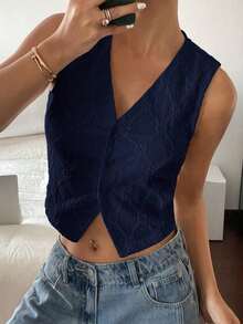 Top sin mangas blanco puro con bordado, de estilo "Old Money", casual y lindo para verano, para salir - Azul marino - Ver 8