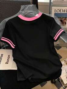 Camiseta casual de mujer de manga corta con cuello redondo, estampado de letras y bloques de color - Multicolor 2 - Ver 2