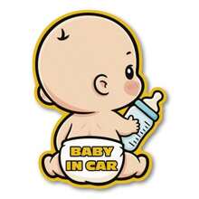 BABY IN CAR マグネット 120×160mm 車用サイン 哺乳びんベビーイラスト かわいい英字デザイン ダイカット 簡単着脱 リアガラス・ボディ対応 - ステッカー - チェックする 1