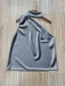1 pieza Blusa elegante sin mangas de satén de unicolor con volantes asimétricos/asimétricos, adecuada para verano, vacaciones, oficina, hogar, uso diario, fiesta de cumpleaños, eventos formales y casuales - gris plateado - Ver 4
