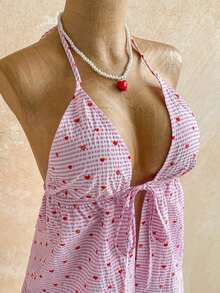 Conjunto de 2 piezas de vacaciones para mujer, top de tirantes con escote en V con textura rojo y shorts sueltos extremadamente cortos, adecuado para citas, fiestas y paseos por la ciudad - Rosa - Ver 6