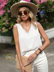 Blusa sin mangas de color sólido, casual para el verano - Blanco - Ver 6