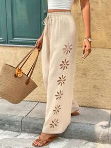 Frenchy Pantalones anchos de pierna ancha con cordón en la cintura, de unicolor y con corte láser, estilo casual de vacaciones para mujer - Caqui - Ver 1