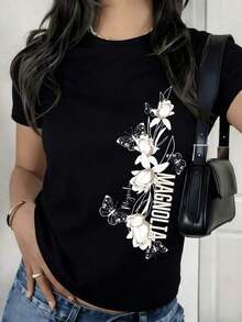 Camiseta con estampado de camisa casual para mujer, manga corta y cuello redondo, moda urbana local de primavera/verano. - Negro - Ver 1
