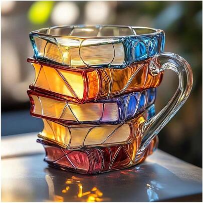 1pc 350ml Creative Stacked Book Design High Borosilicate Glass Cup, Retro Aesthetic Colored Glass Coffee Mug, Asymmetrical Stacked Book Shape With Ergonomic Handle, Heat-Resistant Drinking Glass Suitable For Tea And Coffee, Gift For Book LoversThe Artistic Style Is Easy To Clean.