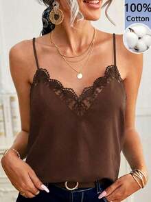 Frenchy Camiseta suelta de encaje con contraste para mujer - Marrón - Ver 8