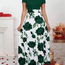Lunessa Women Round Neck Short Sleeve Floral Print Elegant Charming Fashion Dress Burgundy Maxi Women Outfit - Rosa Pálido - Ver 7