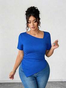 Camiseta de manga corta con diseño de cuello asimétrico para mujer de talla grande, de ajuste ceñido y de alta gama, versátil para el trayecto y el uso diario en primavera/verano - azul real - Ver 4