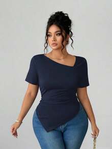 Camiseta de manga corta de cuello asimétrico para mujer talla grande, top ajustado versátil y elegante de alta gama, adecuado para primavera/verano - Azul marino - Ver 5