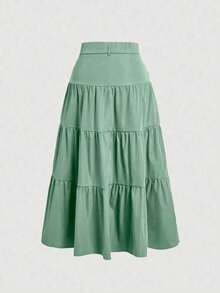 Liuhan Modas Ata Decintura Skirt In Sordaeminina Color With Pleated Three-Tiered Trim - Green 02 - View 2
