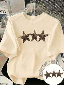Camiseta Blanca Casual para Mujer con Estampado de Leopardo y Estrellas, Manga Corta, Cuello Redondo, Top de Poliéster para Estilo Urbano HH52 - Albaricoque - Ver 10