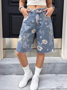 Y2K复古印花毛边牛仔短裤，带侧袋，休闲夏季款 - 藍色 - 查看 5