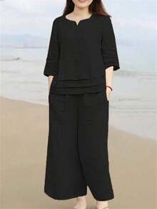 Conjunto de 2 piezas de top ajustado de manga media con cuello en V y pantalones largos de lino, casual, para primavera/verano/otoño/invierno - Negro - Ver 4