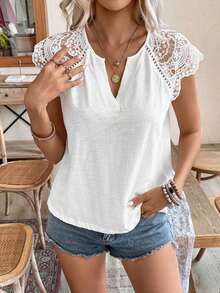 Frenchy Camiseta de algodón de bambú de unicolor de verano con parche de encaje blanco soluble en agua y escote en V. Cómoda y transpirable para uso diario, vacaciones y viajes.Estilo Cottagecore, blanco, temporada de bodas - Blanco - Ver 5