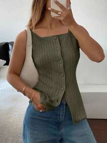 Camiseta sin mangas de verano para mujer de unicolor con botones frontales - Verde Oliva - Ver 1