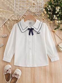 Girls' School Style Long Sleeve Collared Shirt, Autumn - White - View 1