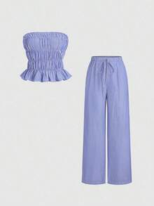 Conjunto de 2 piezas para mujer con top sin tirantes a rayas y pantalón de pierna ancha, con sensación relajada, ajuste elegante, para primavera - Azul - Ver 9